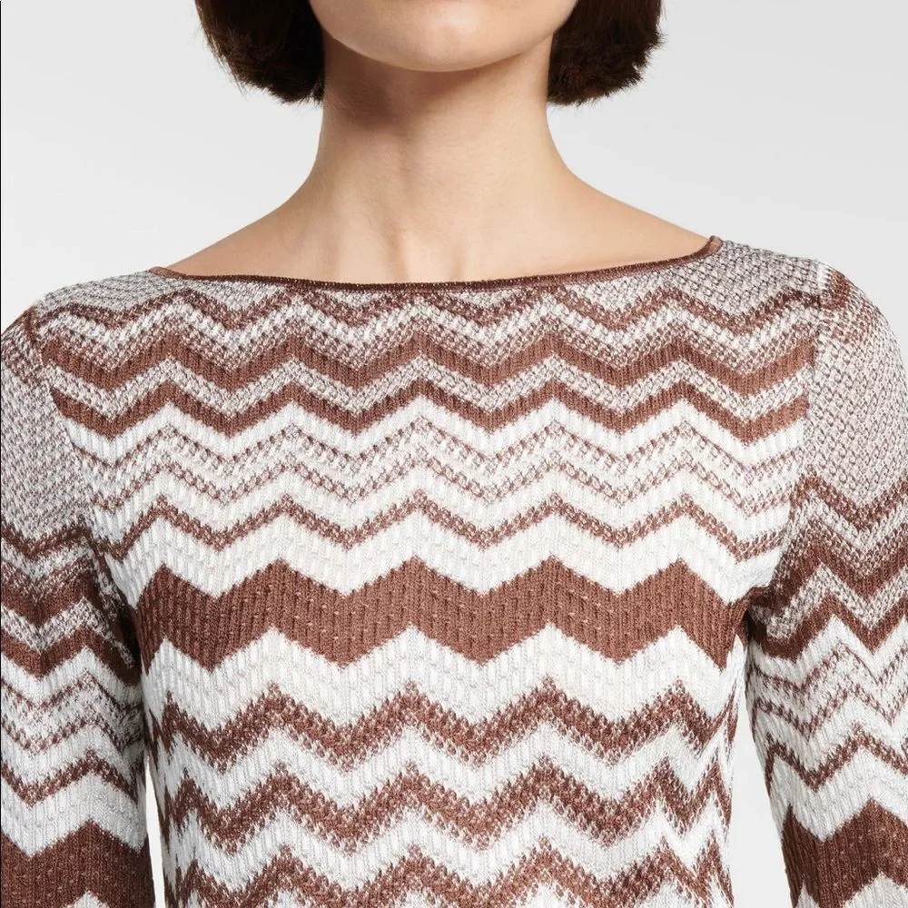 Missoni Zigzag Jacquard Long sleeves Mini Dress Brown & White SZ 10US/46EU - Picture 4 of 15